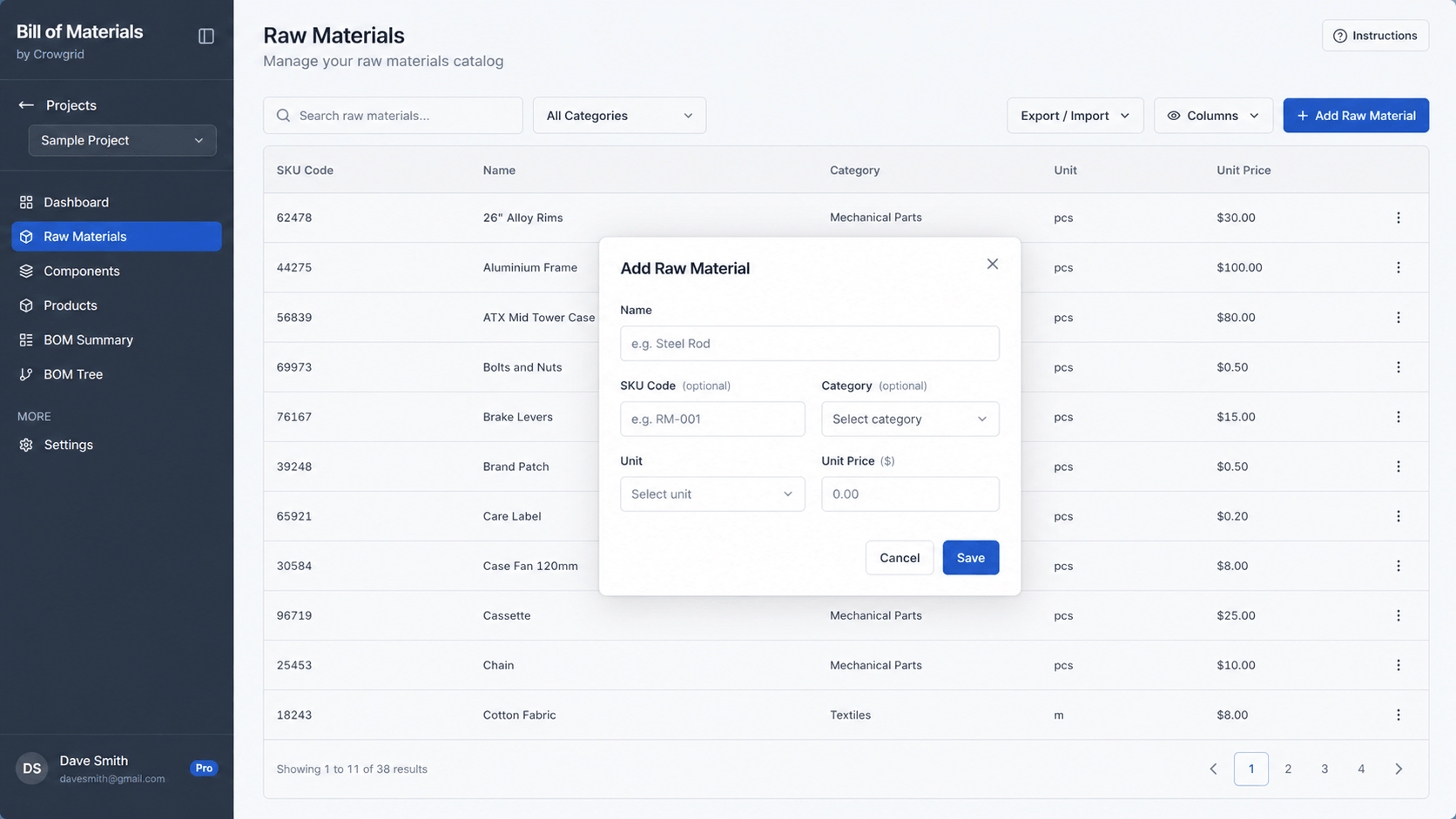 Raw materials catalog with SKU codes, names, and unit prices