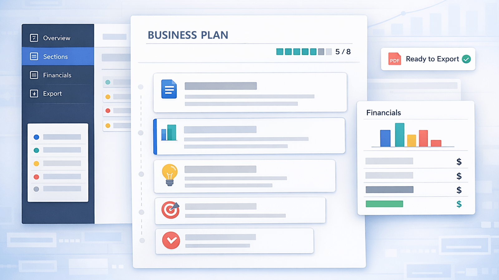 Business Plan Maker app screenshot showing guided sections, progress tracker, and financial overview