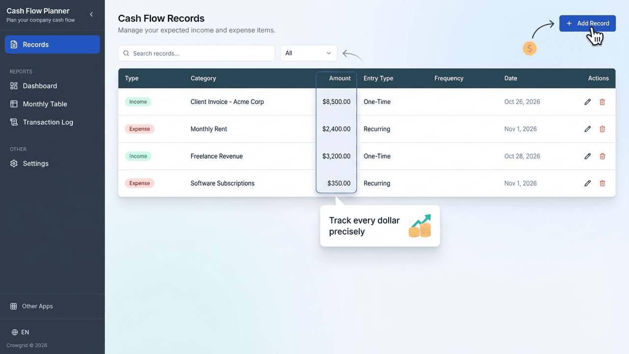 Cash Flow Planner records screen showing income and expense entries