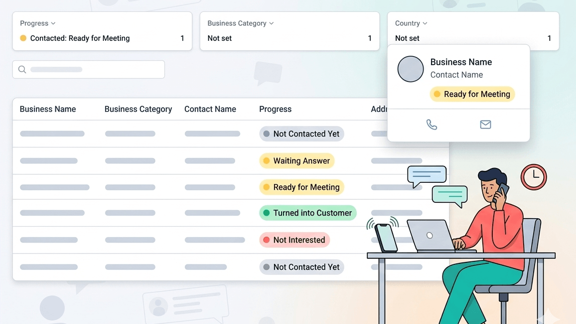 Captura de pantalla de Seguimiento de Clientes con lista de contactos, seguimiento de progreso e indicadores de estado