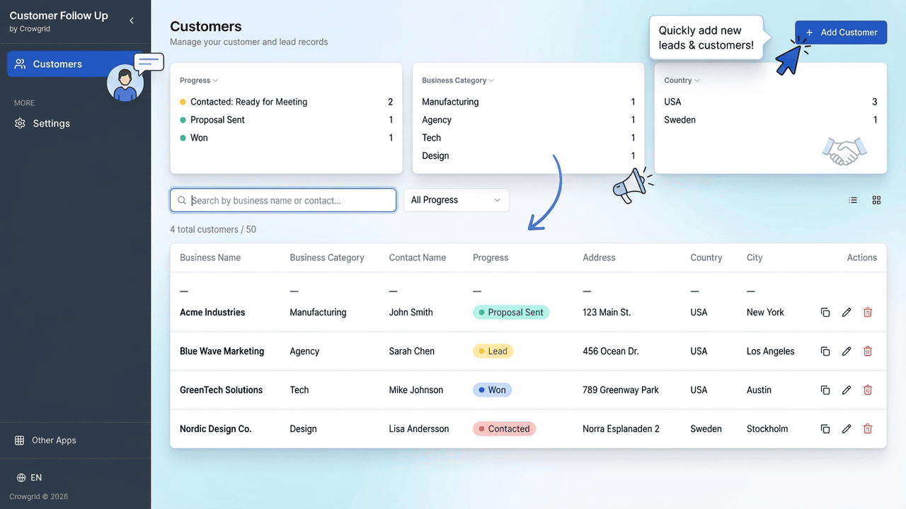 Customer Follow-Up app showing customer list with business details