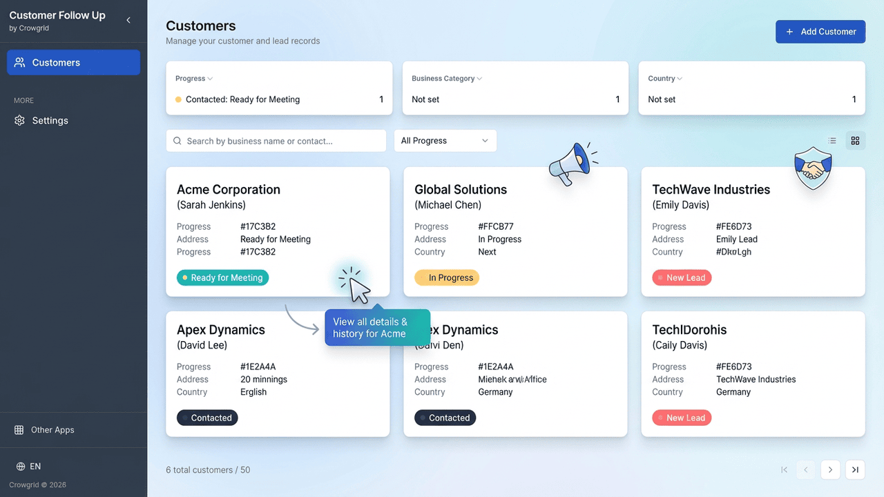 Customer overview in card view with organized CRM data