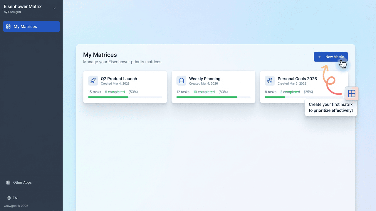 Aplicación Eisenhower Matrix mostrando lista de matrices con progreso