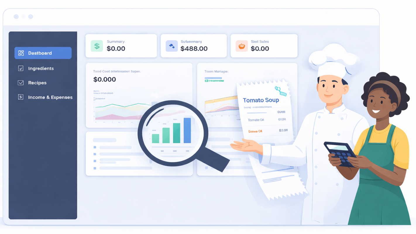 Food Cost Manager dashboard showing recipe cost breakdown and ingredient management