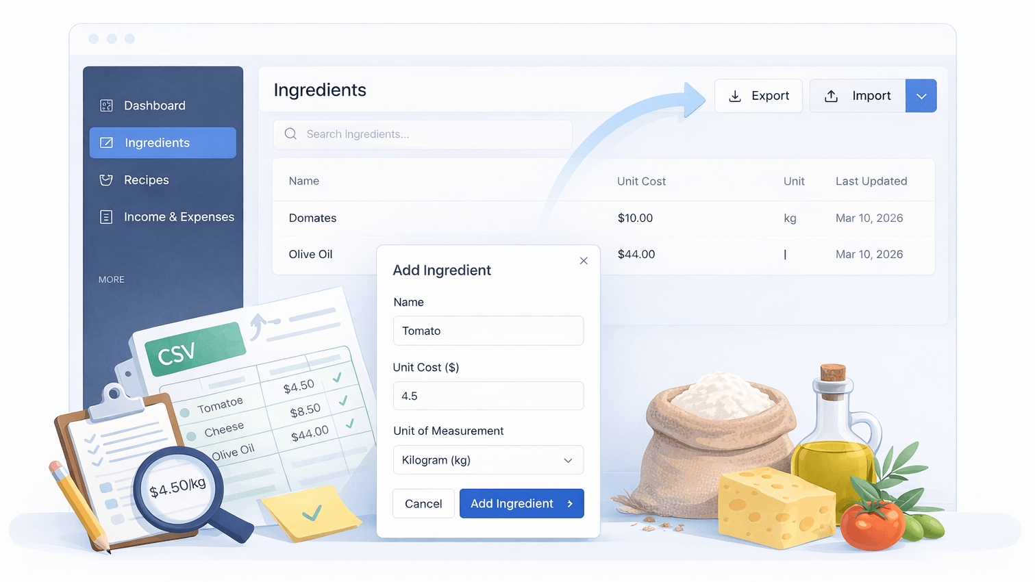 Adding ingredients with costs and quantities in Food Cost Manager