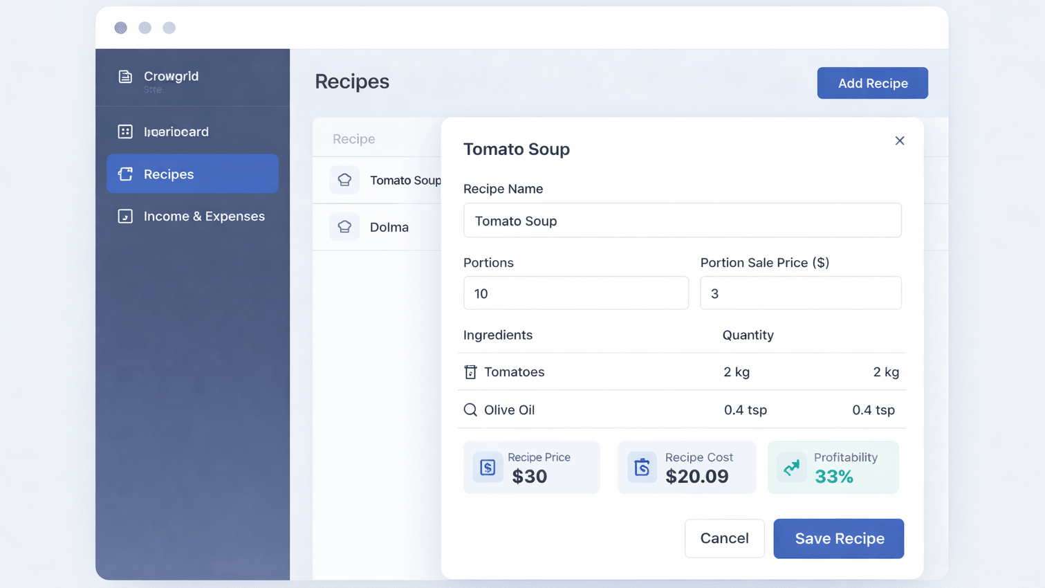 Building a recipe with ingredient quantities and automatic cost calculation