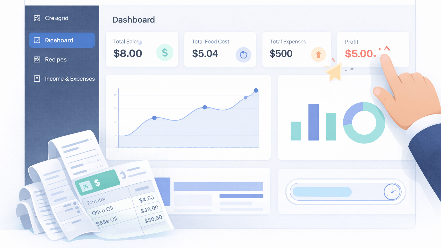 Food cost tracking dashboard showing margins and sales data