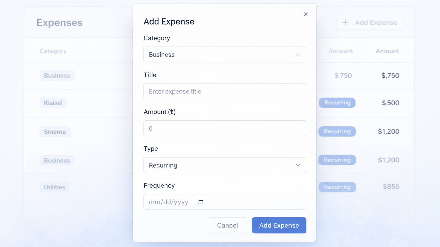 Adding income and expense entries with title, amount, and category