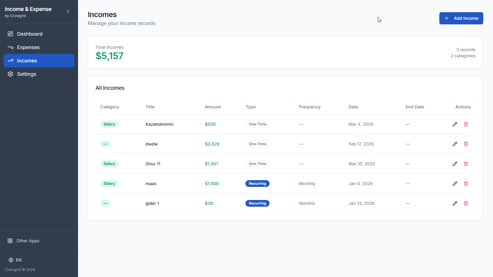 Organizing financial entries by custom categories