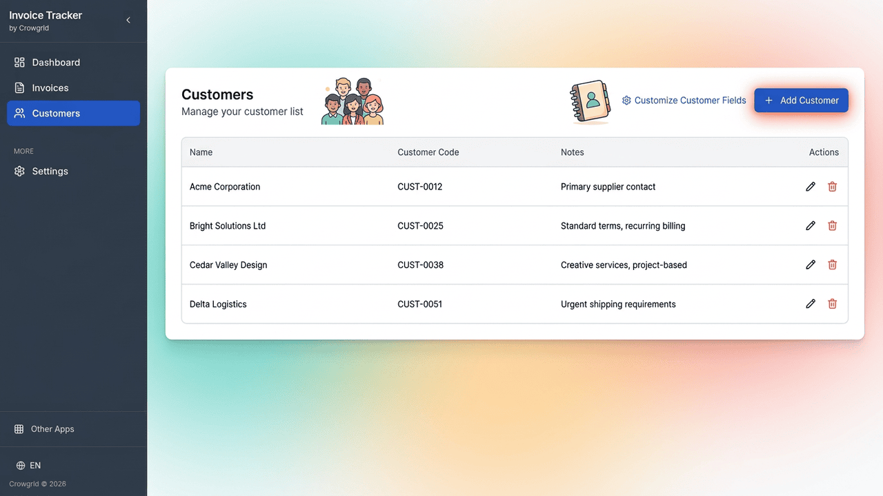 Adding customers to the invoice tracker