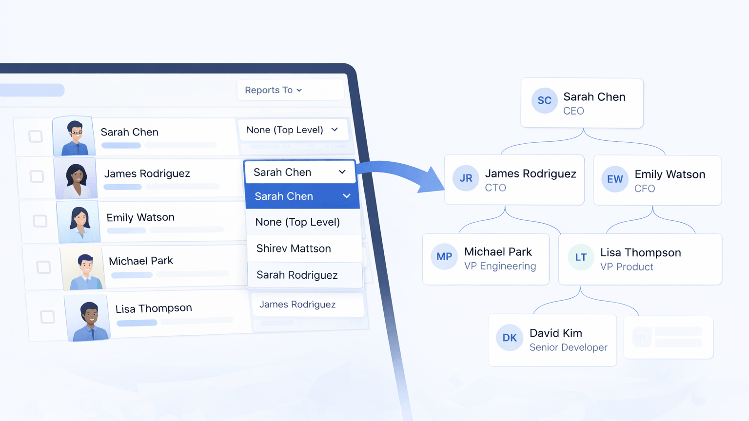 Defining reporting structure by assigning managers in the org chart