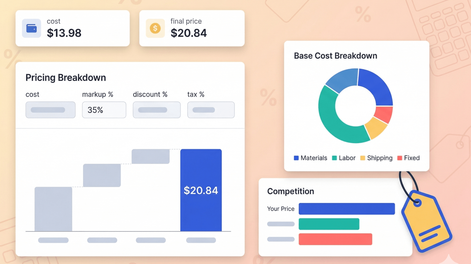 Calculadora de precios mostrando desglose de costos y precio de venta
