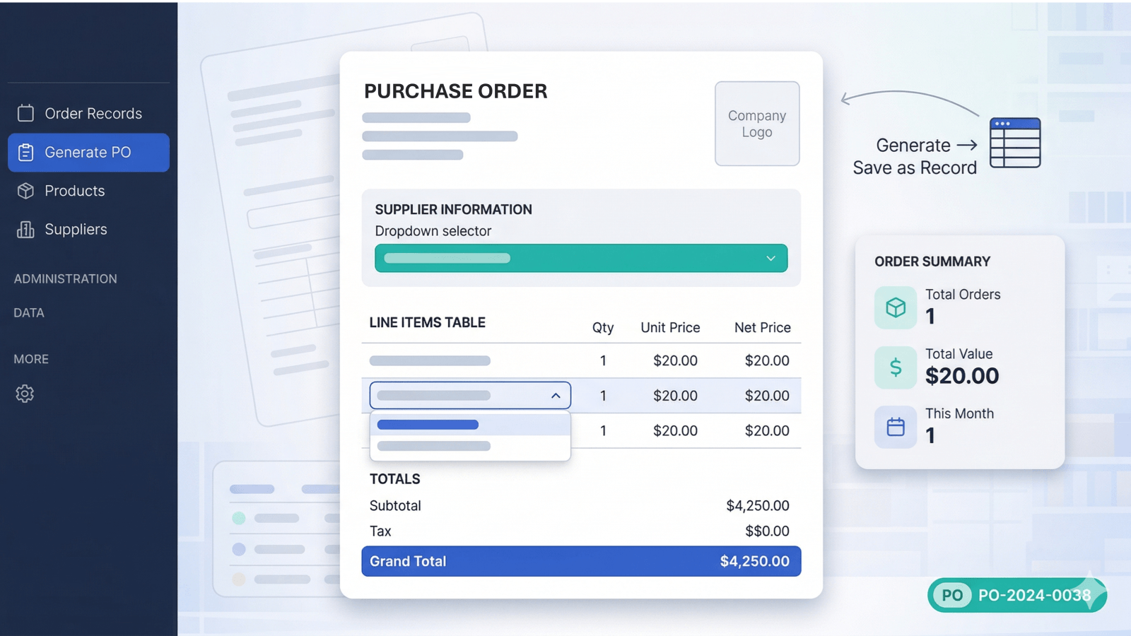 Purchase Order Generator app screenshot showing order form with supplier selection, line items, and order summary