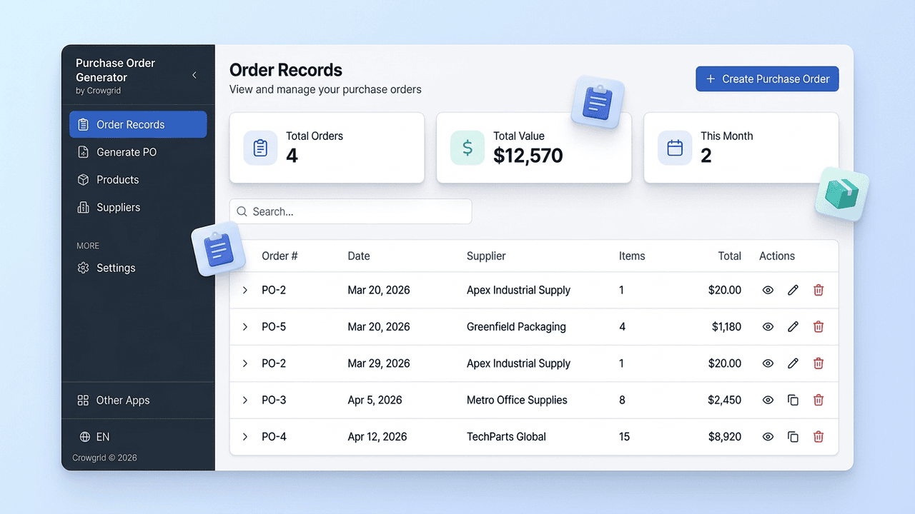 Order Records dashboard with supplier orders and totals