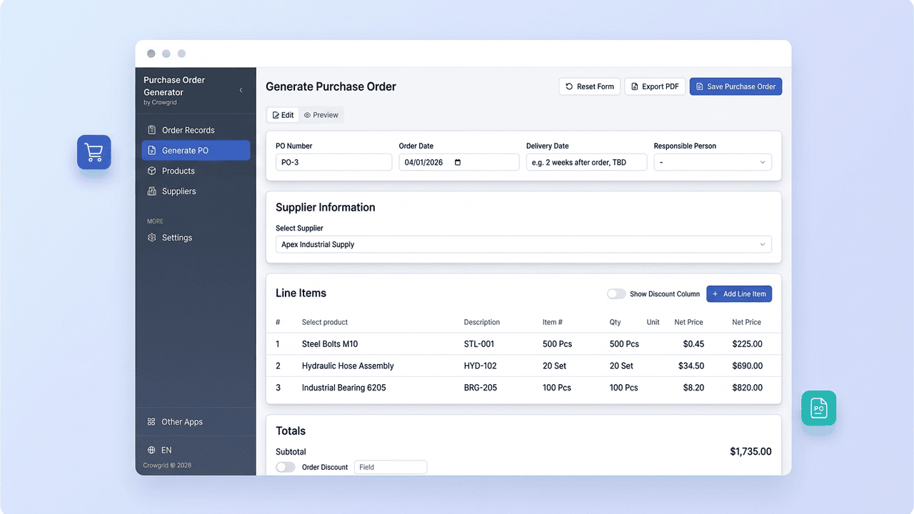 Generate PO form with supplier selection and line items