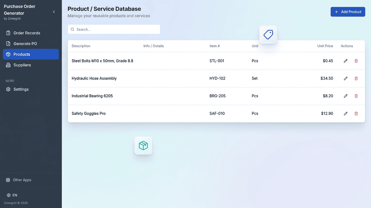 Product database with industrial supplies catalog
