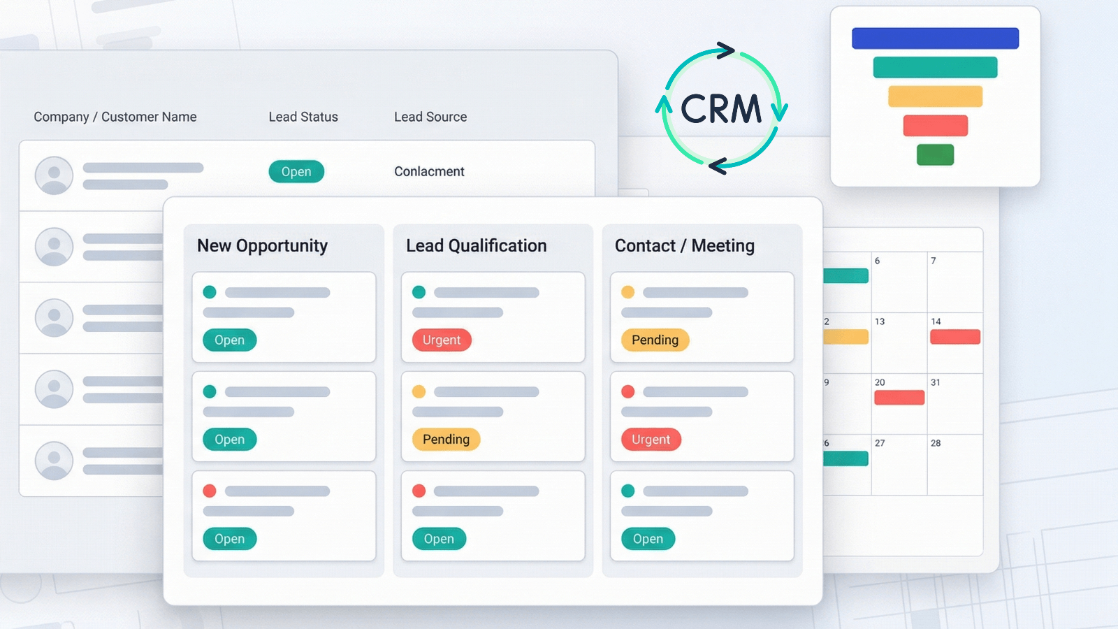 Captura de pantalla de Simple CRM mostrando lista de clientes, tablero de pipeline con etapas y vista de calendario