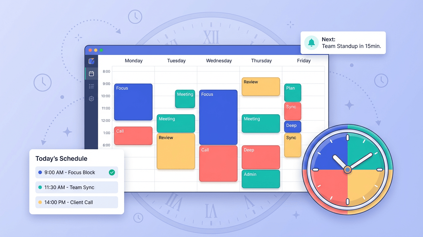 Time Blocking app screenshot showing weekly calendar view with color-coded events and daily schedule
