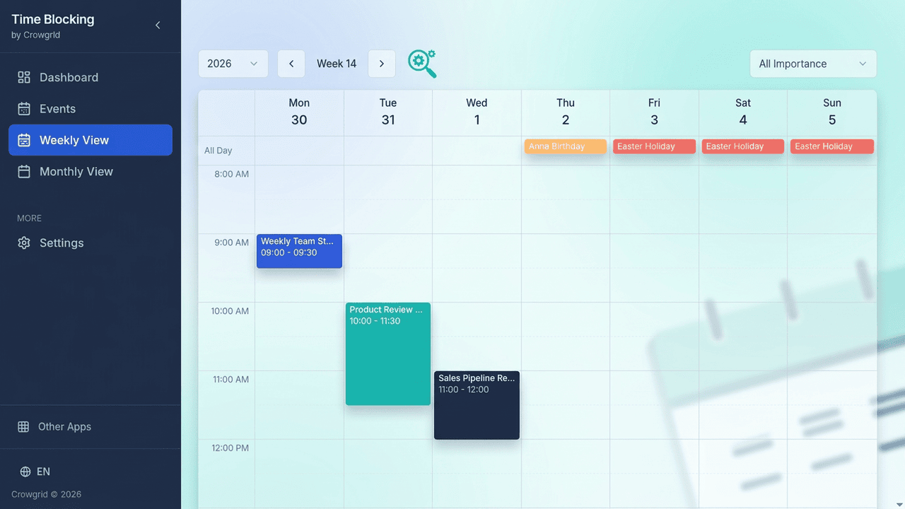 Weekly calendar view with color-coded time blocks for meetings, calls, and events