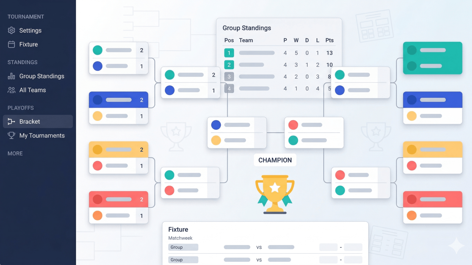 Tournament Fixture app screenshot showing playoff bracket, group standings table, and fixture schedule