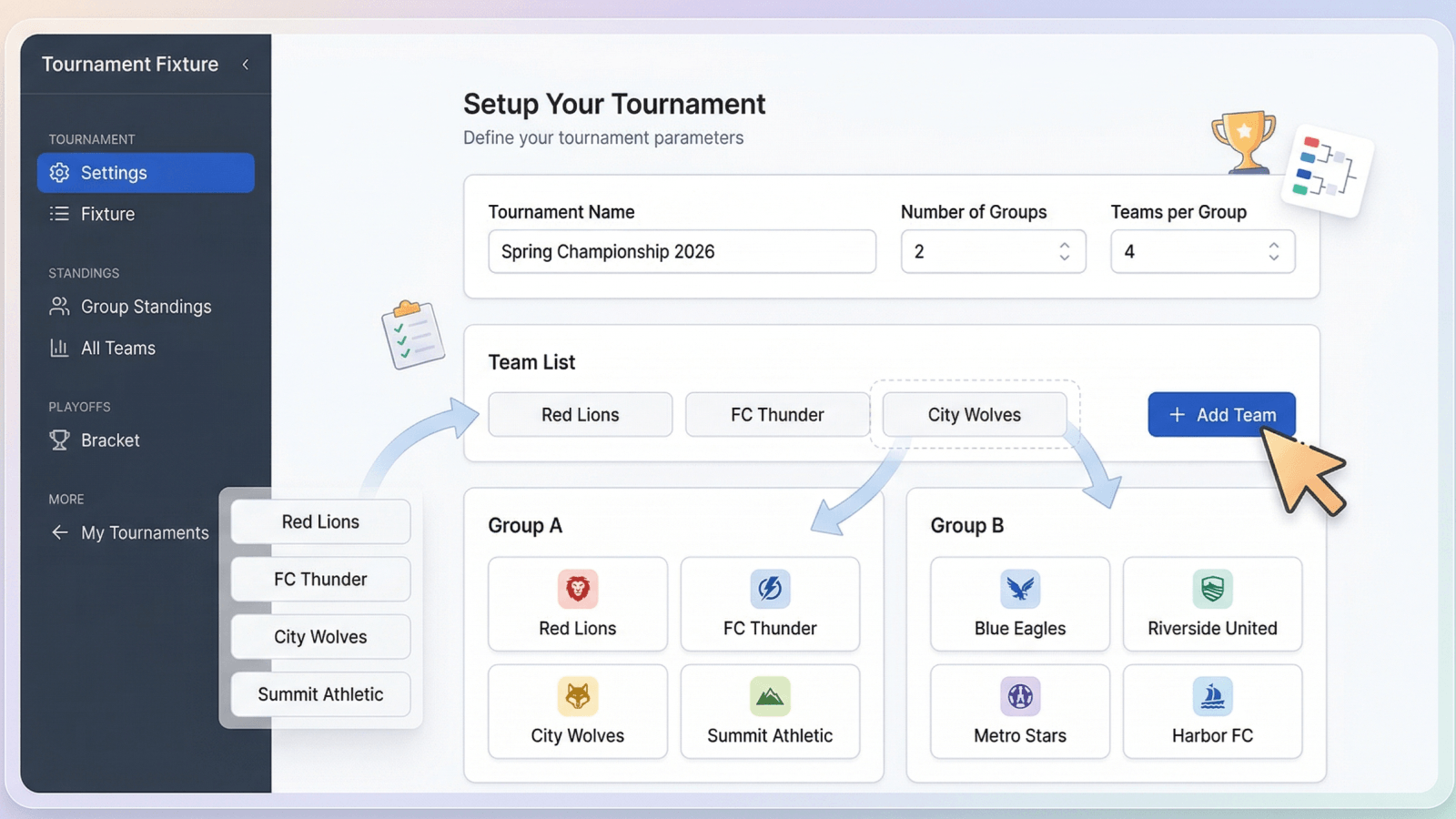 Setting up tournament with teams and groups