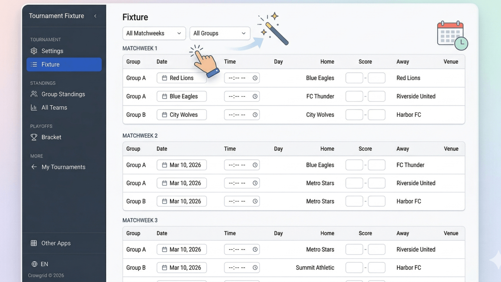 Auto-generated matchweek fixture schedule