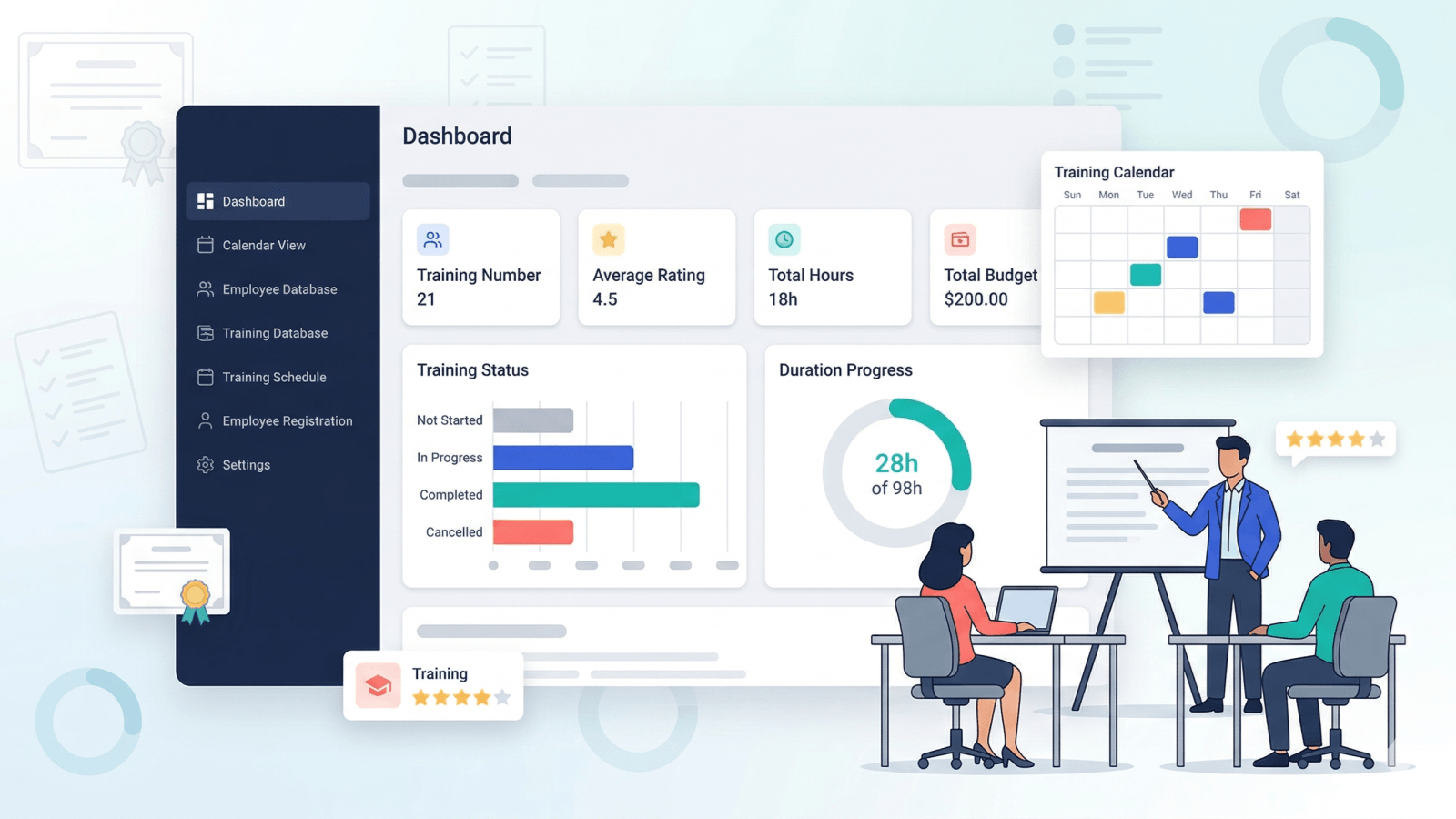 Training Tracker uygulaması ekran görüntüsü — eğitim durumu, süre ilerlemesi ve takvim görünümü içeren gösterge paneli